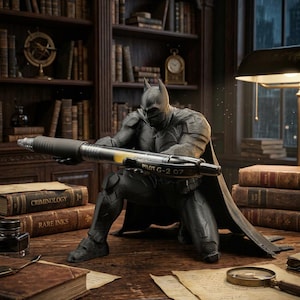May include: A dark grey Batman figurine in a kneeling position holding a black Pilot G-2 07 gel pen. The figure is positioned on a wooden surface among old books, a magnifying glass, and an inkwell, with a library bookshelf in the background.