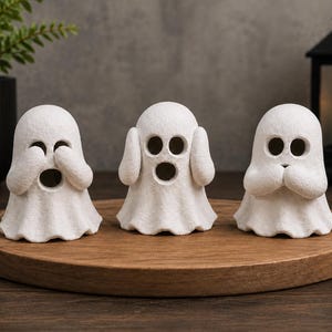 May include: Three white ghost figurines with textured surfaces, each displaying a different pose. One ghost covers its eyes, one holds its hands to its ears, and one covers its mouth. Each figure features two circular eye cutouts and a circular mouth.