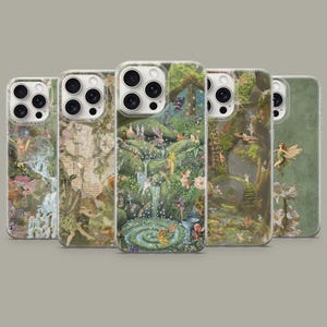 May include: Five phone cases with fantasy artwork depicting fairies, waterfalls, and verdant landscapes. The cases have a clear border and a detailed, colourful design. The artwork includes whimsical elements like butterflies and small creatures.