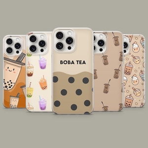 May include: Five phone cases with boba tea designs. The cases feature various patterns, including smiling boba cups, colorful drinks, and the text "BOBA TEA". The cases are in shades of brown, beige, and tan.