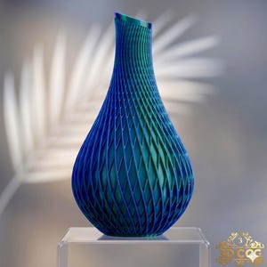 May include: A teardrop-shaped vase with a gradient blue and green finish, featuring a complex, raised lattice pattern across its entire surface. The vase has a narrow neck and a wide, rounded base, displaying a distinct 3D-printed texture.