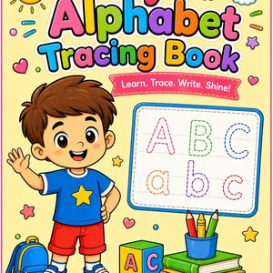 May include: A colorful My Alphabet Tracing Book cover featuring a smiling cartoon character, a rainbow, a sun, and a white board with dashed letters A, B, C. Includes a stack of books, a pencil holder, a block with letters A and C, and a backpack.