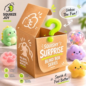 Può includere: Una scatola di cartone marrone con la scritta "Squishy Surprise Blind Box Series" e un punto interrogativo verde. L'immagine mostra vari giocattoli squishy: un dinosauro verde, una zampa rosa, una nuvola viola, una stella gialla e una palla trasparente con coriandoli.