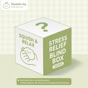 May include: A white and green cube-shaped blind box with a question mark on top. The box features the text "SQUISH & RELAX" and "STRESS RELIEF BLIND BOX SERIES". The brand logo "Squeeze Joy" is in the top left corner.
