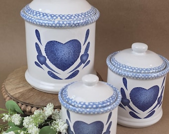 Vintage Blue Heart Ceramic Kitchen Canister Set 3 Country Farmhouse Airtight Lids