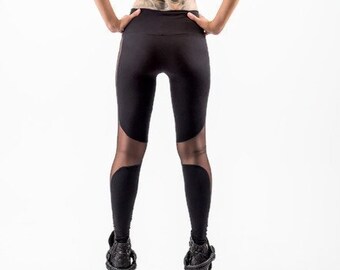 Black Knit Leggings Women/'s Urban Fashion Futuristic Clothing Transparent Black Leggings Goth Clubwear UMMOK See Through Leggings