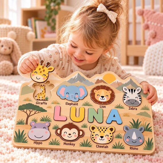 Custom Name Wooden Puzzle , Personalized Safari Animal Puzzle for Toddlers, Montessori Educational Toy, 1st Birthday Gif