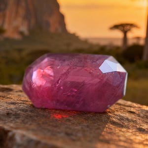 May include: A faceted, translucent purple gemstone with a rectangular, elongated shape. The stone displays internal inclusions and sharp, polished edges that catch the light, creating bright highlights across its deep magenta and violet surfaces.