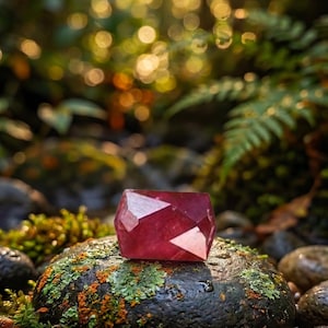Peut inclure: Une pierre précieuse rouge foncé à facettes avec une coupe géométrique, reposant sur une pierre sombre recouverte de mousse. La gemme présente des bords nets et anguleux ainsi qu'une surface polie qui reflète la lumière, révélant une teinte cramoisie riche et saturée.