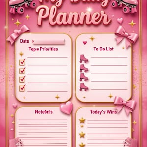 Könnte beinhalten: Eine rosa Tagesplaner-Seite mit dem Titel My Daily Planner und vier Abschnitten: Top 6 Priorities, To-Do List, Notes und Today's Wins. Das Design zeigt rosa Rollschuhe, Schleifen und Sterne sowie den Text BY MARLENE LANS am unteren Rand.
