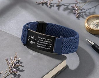 Personalized Sport Medical Alert Bracelet, Adjustable Elasticity ID Wristband, Diabetic Epilepsy Allergy Jewelry, Health Gift for Men Women