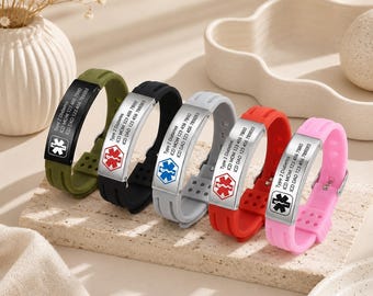 Personalized Medical Alert Bracelet, Silicone Stainless Steel ID Band, Waterproof Emergency Jewelry