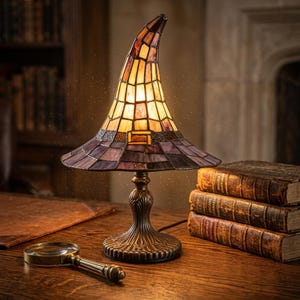 Könnte beinhalten: Eine Tischlampe aus Buntglas in Form eines spitzen Hutes mit bernsteinfarbenen und violetten Glasscheiben. Die Lampe hat einen bronzefarbenen Metallsockel mit einem dekorativen Standfuß. Sie leuchtet von innen und wirft einen warmen Schein.