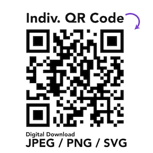 May include: A black and white QR code graphic with the text Indiv. QR Code above it, accompanied by a purple curved arrow pointing toward the code. Below the QR code, the text reads Digital Download followed by JPEG / PNG / SVG in black font.