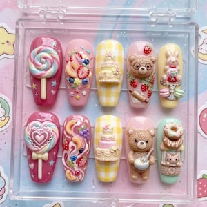 Kawaii Sweet Bakery Press On Nails Handmade Custom Fake Nails 3D Lollipop Tiered Cake Baker Teddy Bear Gumball Machine Pink Yellow Multi