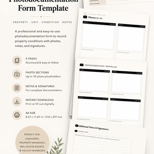 Könnte beinhalten: Ein druckbares Photodokumentations-Formular-Template mit einem sauberen, minimalistischen Design. Das Template enthält Abschnitte für Immobiliendetails, Fotos, Notizen und Unterschriften. A4-Format, 210 x 297 mm. Professionelles, organisiertes und sofort einsatzbereites Design.