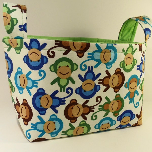 Fabric Storage Basket Bin Organizer Storage Container-Urban Zoologie-Monkeys on White with Lime Green Interior