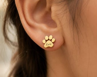 Custom Pet Name Earrings, Engraved Paw Print Studs, Stainless Steel Pet Memorial Gift