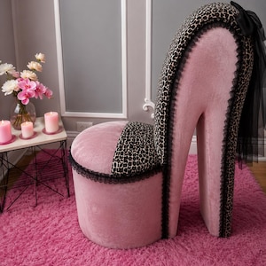 Blush Pink High Heel Shoe Chair | Baby Leopard Velvet Couture Vanity Accent Furniture