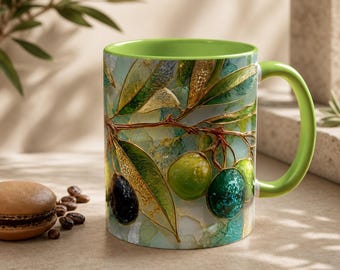 Green Olive Branch Stained Glass Mug, Gold Botanical Ceramic Cup, Tuscan Gift
