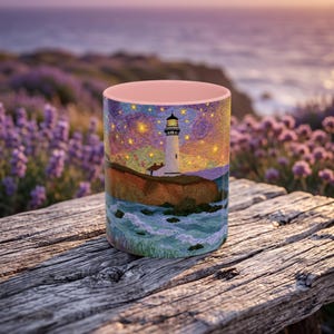 May include: A ceramic mug featuring a vibrant, textured illustration of a white lighthouse perched on a cliffside above a churning ocean. The scene includes a starry, swirling night sky in shades of purple, orange, and yellow, with visible brushstroke details.
