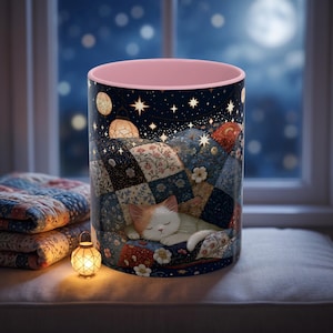 Taza Gato Dormilón, Taza de Café con Diseño de Retazos de Patchwork para la Siesta del Gato, Regalo Hygge para Mamá Gata, Taza para Amantes de los Patchwork, Taza con Diseño de Cielo Nocturno y Gatos