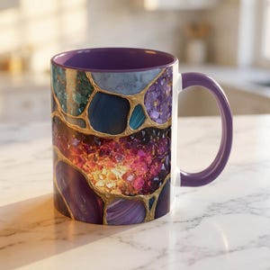 Geode Agate Art Mug, Pink Teal Crystal Gold Ceramic Cup, Abstract Gemstone Gift