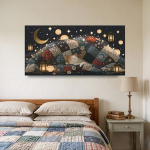 May include: A rectangular wall art print featuring a sleeping cat tucked under a colorful patchwork quilt. The scene is set against a dark night sky filled with glowing stars, a crescent moon, and several illuminated hanging lanterns.