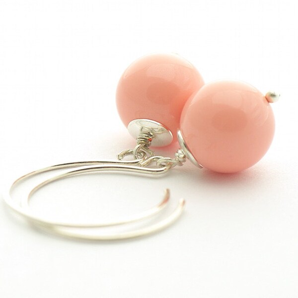 Pastel Peach Earrings, Summer color, Swarovski Pink Coral, Pearl Earrings, sterling silver 925