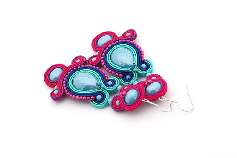 festival jewelry gift for mom colorful jewelry Long turquoise fuchsia earrings soutache earrings colorful dangle earring summer trends