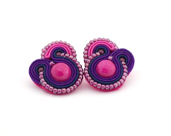 Fuchsia purple earrings, colorful small earrings, boho earrings, summer color soutache earrings, clip on soutache earrings, gift for mom