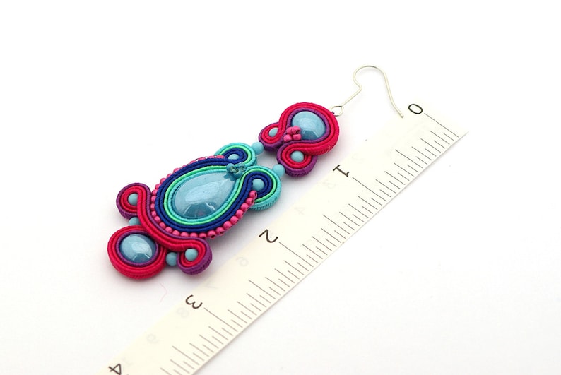 festival jewelry gift for mom colorful jewelry Long turquoise fuchsia earrings soutache earrings colorful dangle earring summer trends
