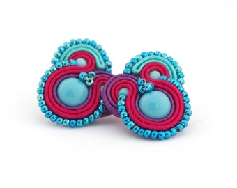 Boho earrings, fuchsia turquoise earrings soutache, small earrings, colorful soutache earrings, gift for mom, summer trends jewelry