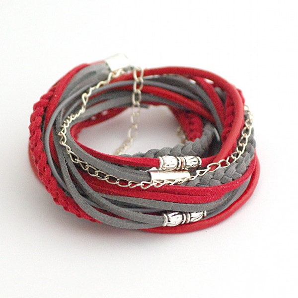 Wrap Bracelet, Red Gray Wrap Bracelet, Leather wrap, Boho bracelet, double wrap, boho chic