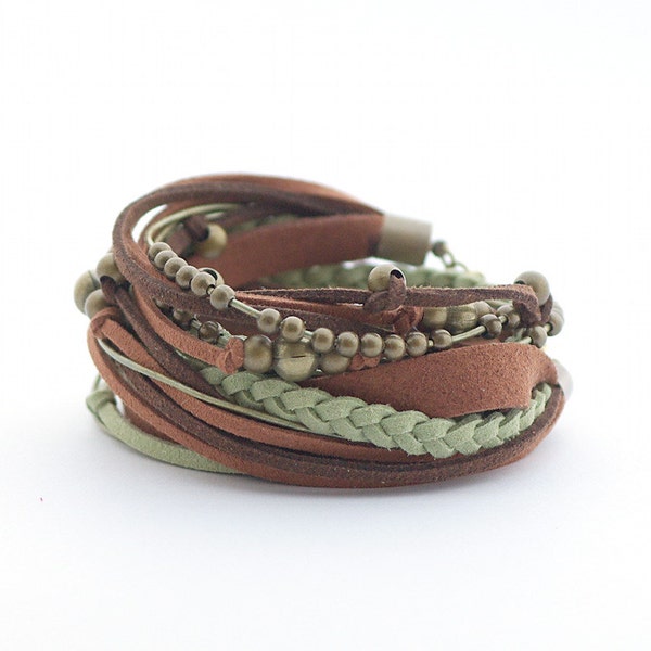 Wrap Bracelet, Boho Bracelet, Olive Brown Bracelet, Wide Bracelet, suede, double wrap, boho chic