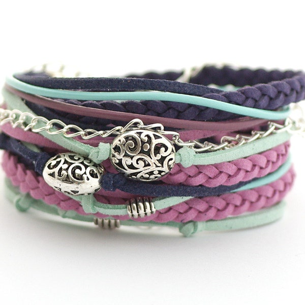 Wrap Bracelet, Navy Blue Mint Purple Bracelet, Boho bracelet, suede, double wrap, boho chic