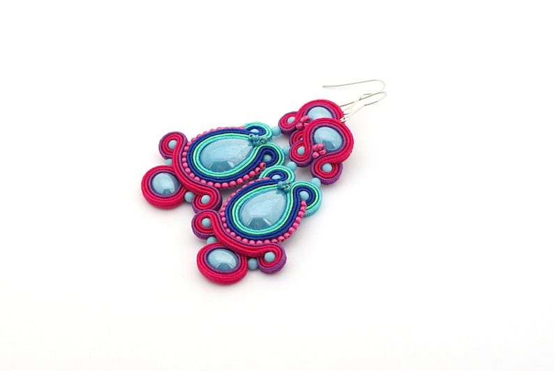 festival jewelry gift for mom colorful jewelry Long turquoise fuchsia earrings soutache earrings colorful dangle earring summer trends