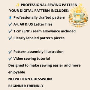 Pu&ograve; includere: Un foglio informativo per cartamodello digitale con il testo PROFESSIONAL SEWING PATTERN, YOUR DIGITAL PATTERN INCLUDES, file A4, A0 e US Letter, margine di cucitura di 1 cm incluso, pezzi del cartamodello etichettati e tutorial video.