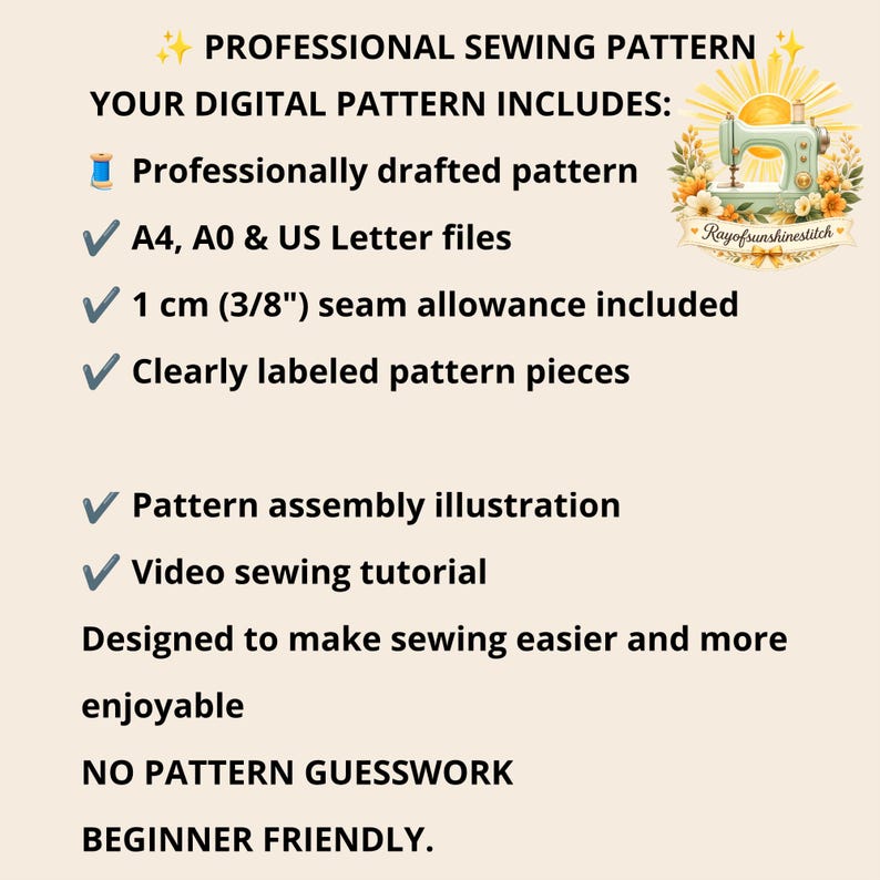 Pu&ograve; includere: Un foglio informativo per cartamodello digitale con il testo PROFESSIONAL SEWING PATTERN, YOUR DIGITAL PATTERN INCLUDES, file A4, A0 e US Letter, margine di cucitura di 1 cm incluso, pezzi del cartamodello etichettati e tutorial video.