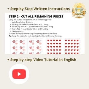 May include: A sewing instruction sheet titled STEP 2 - CUT ALL REMAINING PIECES, listing fabric requirements for main body lining, pockets, and velcro tabs. Below the text are four rectangular grids featuring repeating pink flower and red heart patterns.