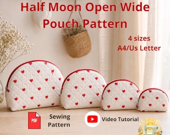Modello per cucire una pochette a mezzaluna con cerniera / Borsa cosmetica apribile, facile da realizzare fai da te / Pochette circolare per articoli da toilette, ampia apertura, adatta ai principianti