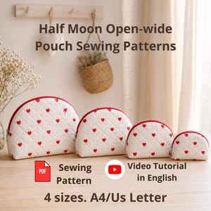 Half Moon Zipper Pouch Sewing Pattern | Open-Up Cosmetic Bag Easy DIY Makeup Bag | Circular toiletry bag, Open-wide pouch, beginner-friendly