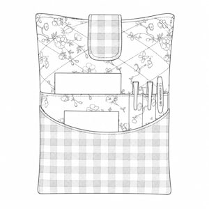 May include: A quilted fabric organizer featuring a floral pattern on the interior and a gingham check pattern on the exterior pocket and closure tab. The organizer includes multiple interior slots for pens and paper documents.