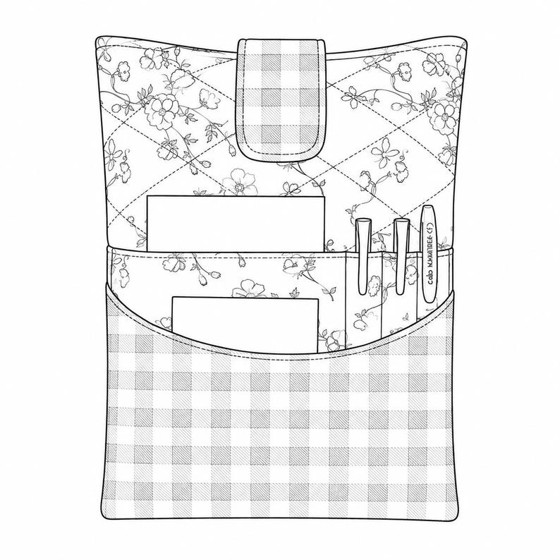 May include: A quilted fabric organizer featuring a floral pattern on the interior and a gingham check pattern on the exterior pocket and closure tab. The organizer includes multiple interior slots for pens and paper documents.