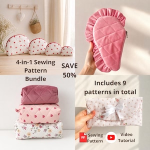 May include: A 4-in-1 sewing pattern bundle featuring various quilted pouches. Includes a pink velvet coffin-shaped pouch with ruffles, a floral envelope pouch with a white ribbon, and multiple heart-patterned semi-circular pouches in different sizes.