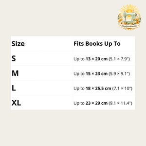 May include: A size chart for book covers listing sizes S, M, L, and XL with corresponding book dimensions in inches: S up to 5.1 x 7.9 inches, M up to 5.9 x 9.1 inches, L up to 7.1 x 10 inches, and XL up to 9.1 x 11.4 inches, with a logo at the top.