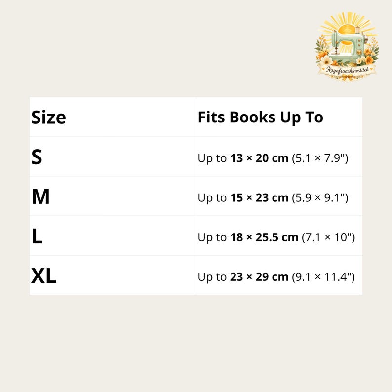 May include: A size chart for book covers listing sizes S, M, L, and XL with corresponding book dimensions in inches: S up to 5.1 x 7.9 inches, M up to 5.9 x 9.1 inches, L up to 7.1 x 10 inches, and XL up to 9.1 x 11.4 inches, with a logo at the top.