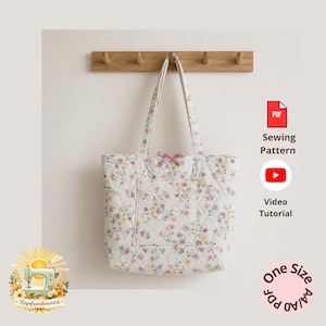 Tote Bag Sewing Pattern pocket PDF | Bow Tote Bag Pattern Cottagecore Floral Tote | Quilted Bag Tutorial | Gusset Printable Pattern