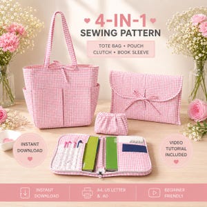 Puede incluir: Un patrón de costura 4 en 1 para un bolso tote, estuche, cartera y funda de libro, con un diseño de tela de cuadros vichy rosa y blanco. El conjunto incluye una funda de libro abierta con bolsillos internos, un estuche, una cartera y un bolso.