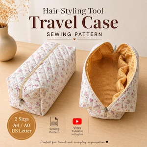 Pu&ograve; includere: Un cartamodello per custodia da viaggio per strumenti per lo styling dei capelli, in tessuto trapuntato bianco con piccola stampa floreale rosa e gialla. L'interno &egrave; foderato con tessuto a quadretti vichy giallo e bianco. Testo: Hair Styling Tool Travel Case.